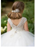 Beaded Neck Ivory Lace Tulle Flower Girl Dress With Horsehair Trim